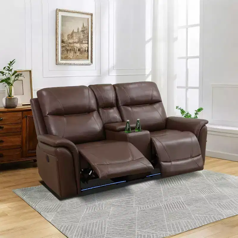 Electric 2-Seat Leather Reclining Loveseat with USB Charging, Storage & Cup Holders for Living Room, Reddish Brown