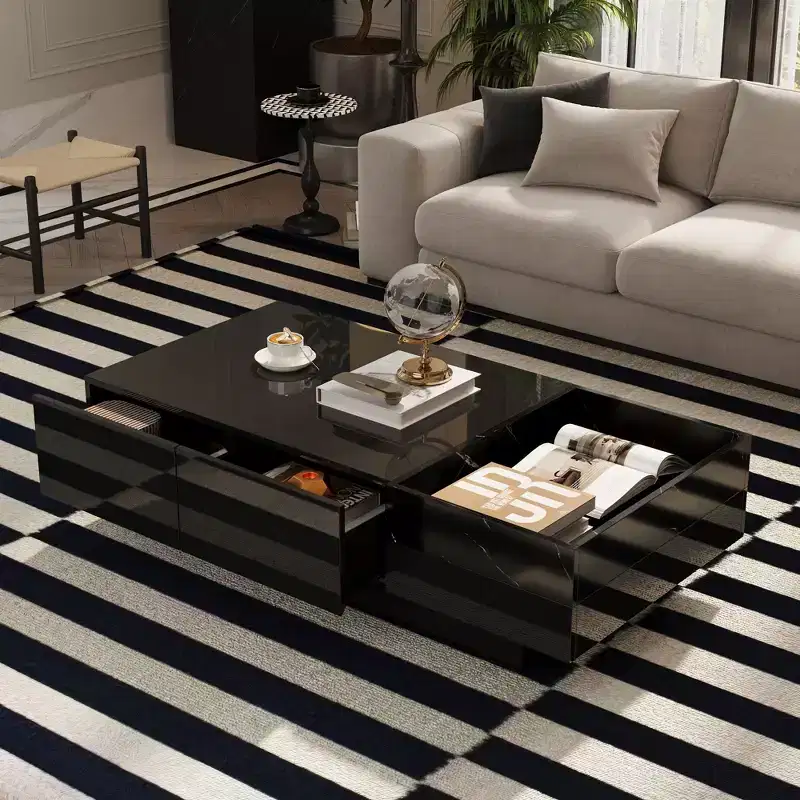 Famapy Modern Black Marble - Pattern Coffee Table with Storage Drawers & Open Shelves for Living Room