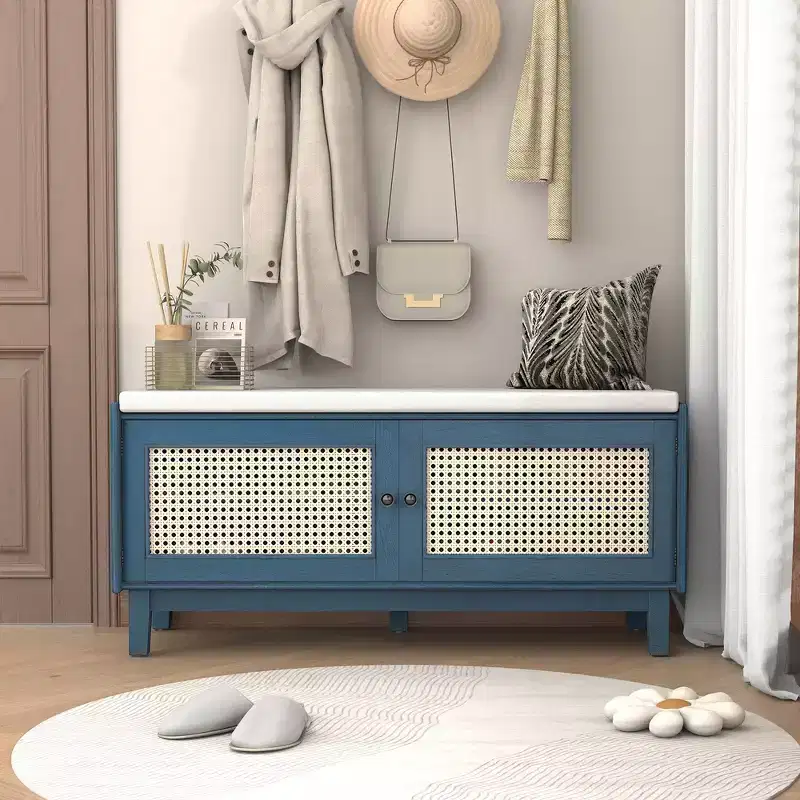 Whisen Boho Entryway Storage Bench, Wooden Shoe Bench, Cushioned Bench with Double Doors