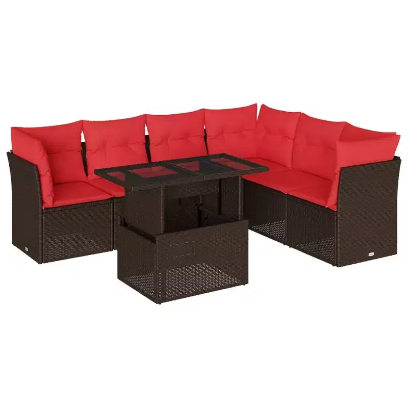 vidaXL 7 Piece Garden Sofa Set with Cushions Brown Poly Rattan - Brown Without Storage