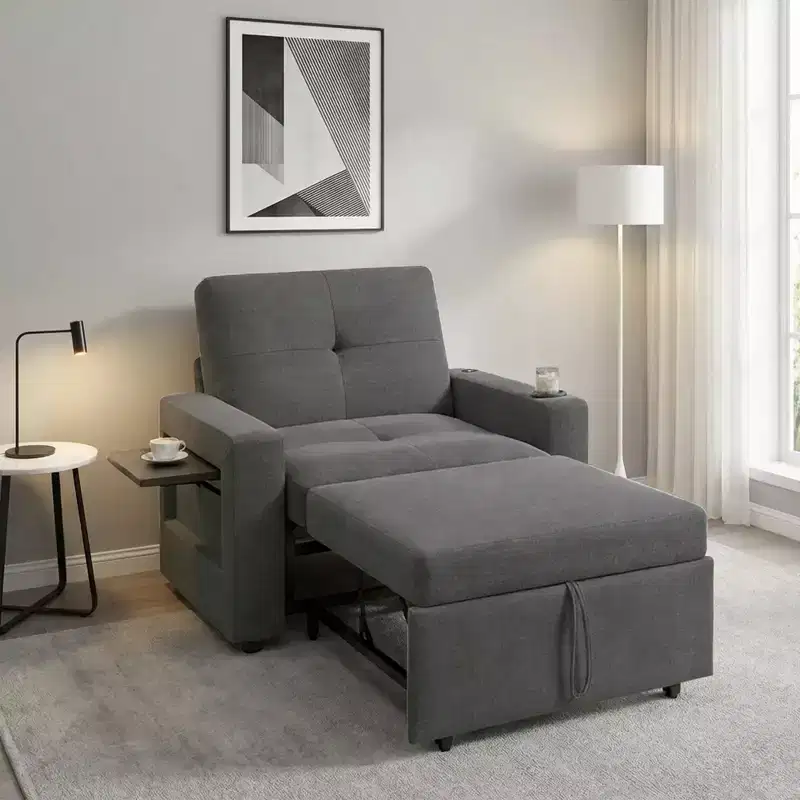 Dyonery 3-in-1 Sleeper Sofa Chair Bed, 42.5 Wide Convertible Pull-Out Sofa with Adjustable Backrest, USB Charging Ports, Side Table & Cup Holder