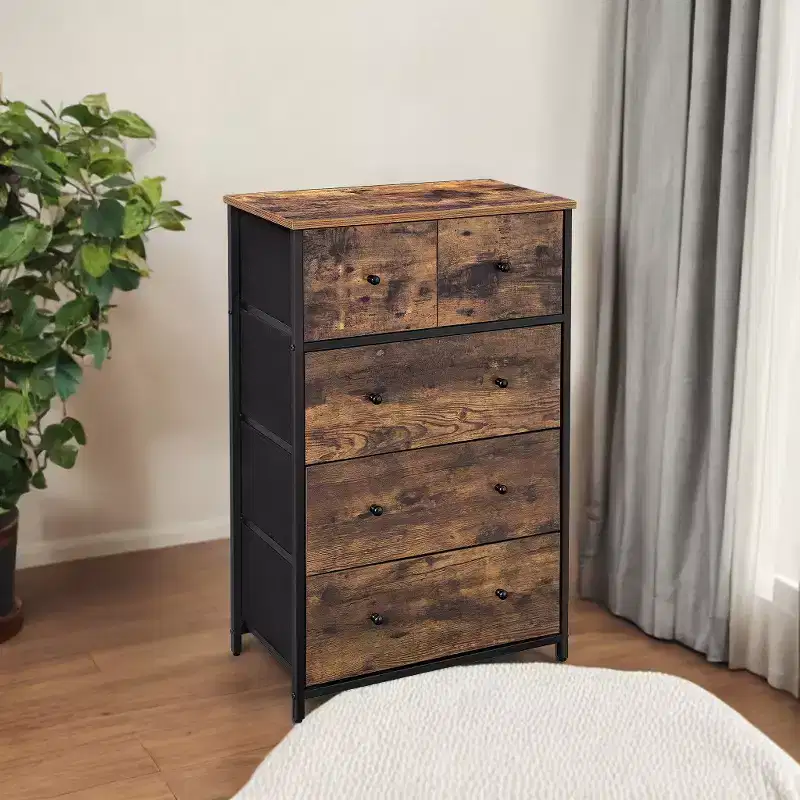 SONGMICS 5 Fabric Drawer Dresser Storage Dresser Tower, Wooden Front and Top Style Dresser Unit Wooden Front & Top Add a Stylish Touch