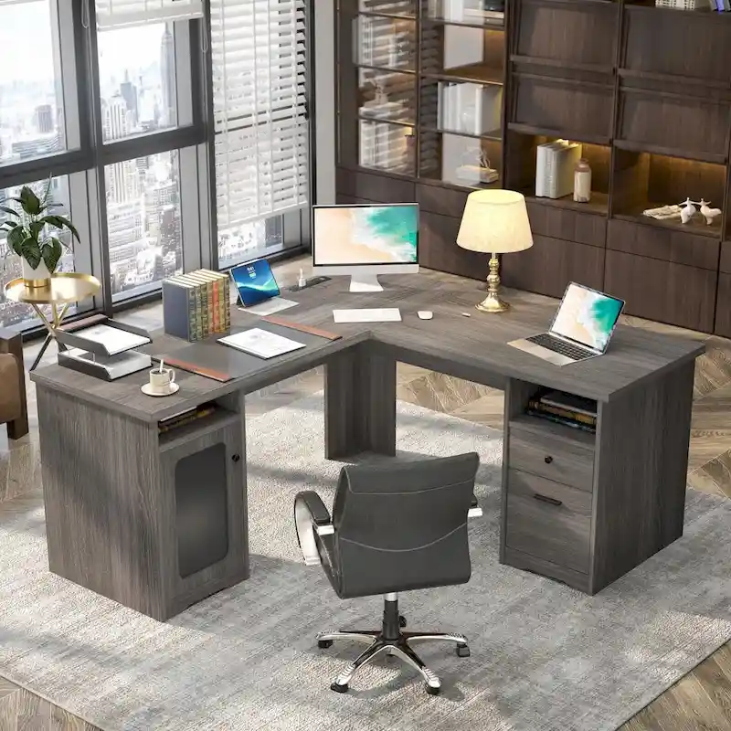 Modern Farmhouse L-Shape Desk with File Cabinet and Drawers,Executive Desk with Charge Station