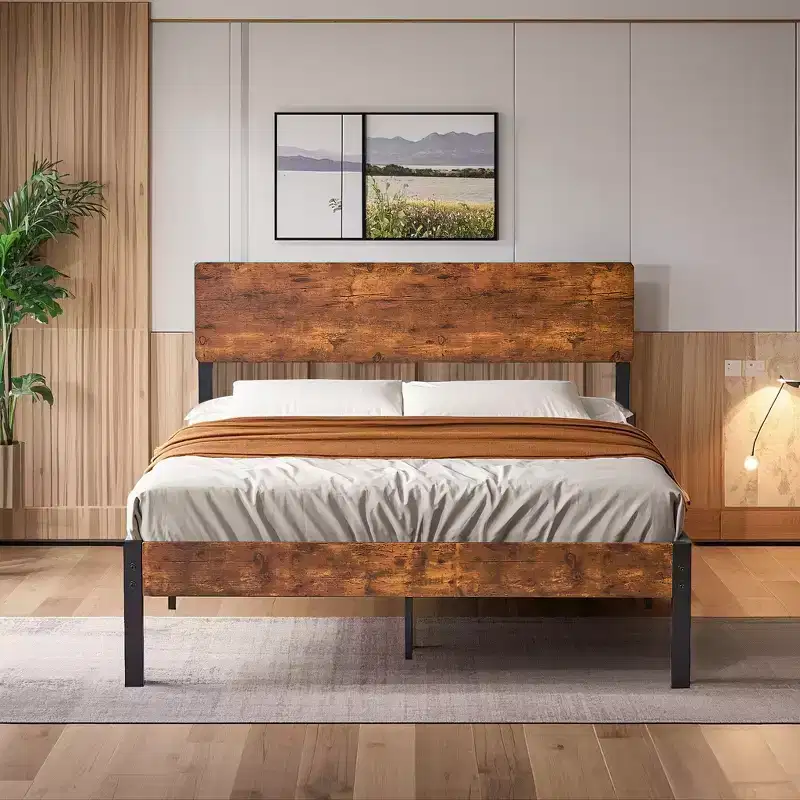 Full/Queen Metal Platform Bed Frame with Wood-Grain Headboard & Steel Slats, No Box Spring, Brown
