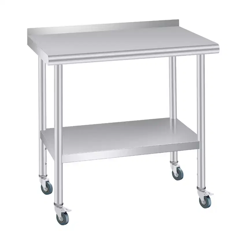 Stainless Steel Table, Heavy Duty Metal Commercial Prep Table With Open Storage Racks, Back Panel And Casters, Suitable For Kitchens, Home Hotels