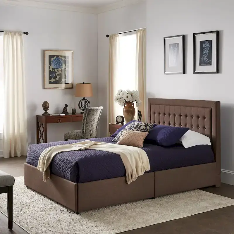 Tufted Linen Headboard Storage Platform Bed with 4 Under-Bed Drawers, Full/Queen/King
