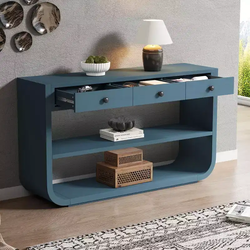 ModernLuxe Curved Console Table Entryway Table Sofa Side Table Display Stand Accent Table with 3 Soft-Close Drawers & 2 Open Shelves