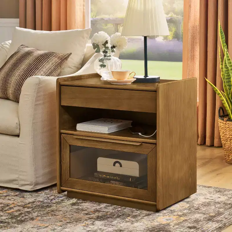 Mid-Century Modern Nightstand with Charging Station 2-Drawer Door Cabinet Fluted Design Lockable (W1801P303392)