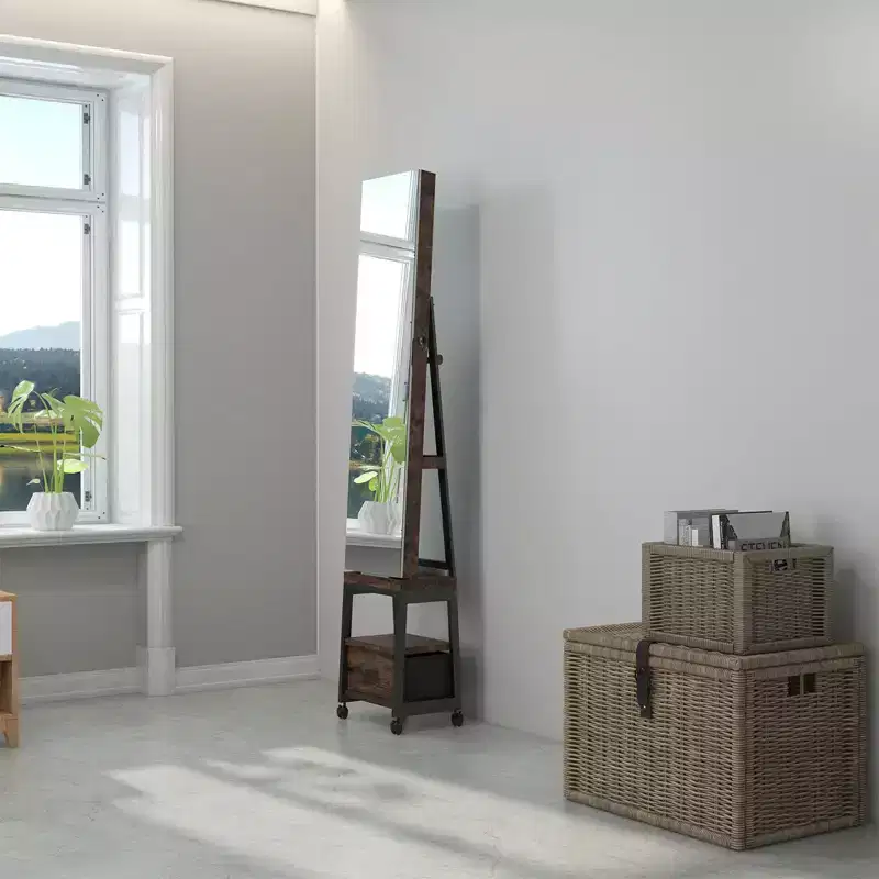 Swivel Jewelry Armoire, Floor Standing Locking Jewelry Armoire with Full Length Mirror,Bottom Drawer, Shelf, Wheels,White Jewelry Cabinet