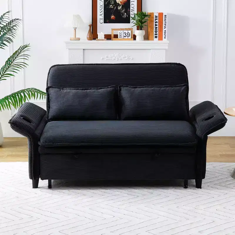 Black Letter Striped Fabric Multifunctional Loveseat Sofa Bed for Bedroom Living Room