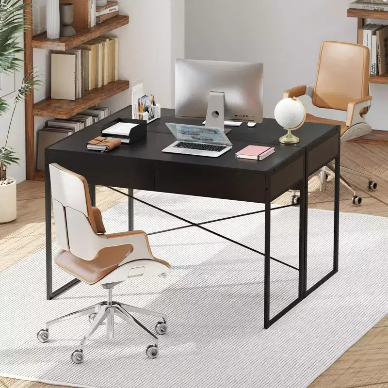 Costway Computer Desk Metal Frame Study Table Home Office Workstation w/2 Drawers
