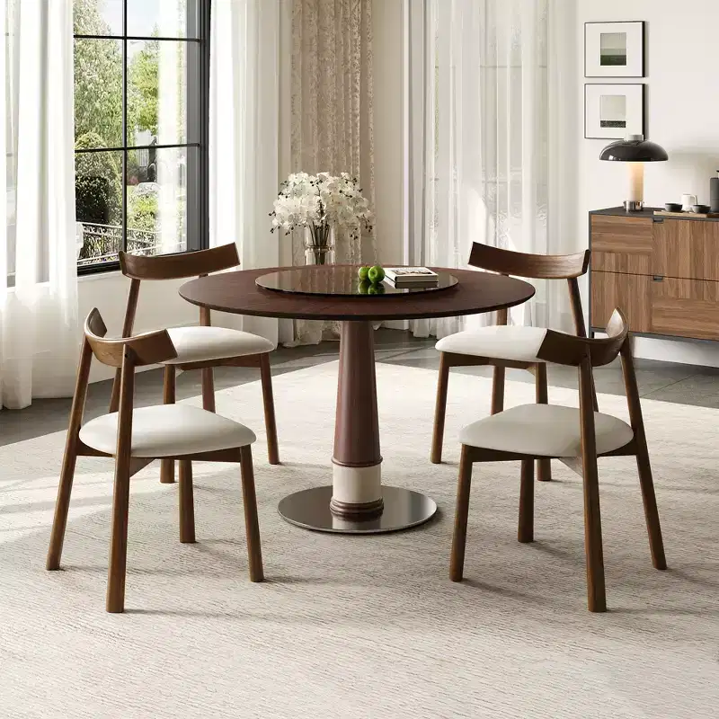 GDFStudio Torres 5-Piece Solid Wood Round Dining Table Set with Tempered Glass Lazy Susan and 4 Chairs