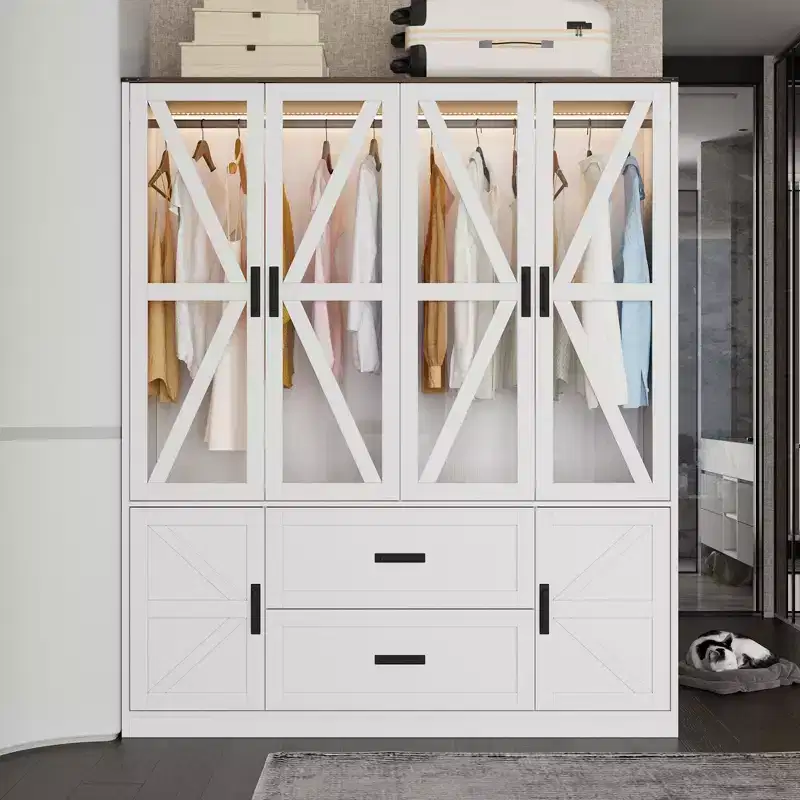 Famapy Farmhouse-Style White 4-Door Wardrobe with LED Lighting & Drawer Storage Armoire