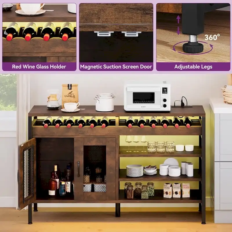 55-Inch Bar Cabinet with LED Lights and Power Outlets