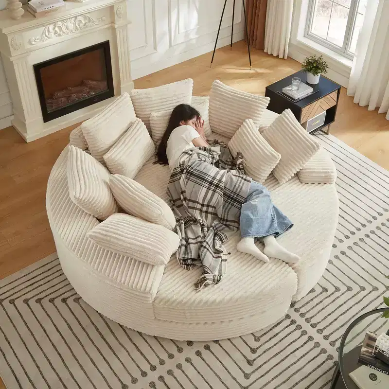 78.5in Corduroy Round Oversized Recliner, 2 in 1 Sofa Bed Converts into Two Recliners, Neck Pillow Design With Five Throw Pillows, No Assembly