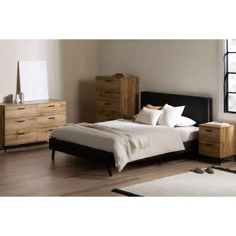 South Shore Musano Nightstand Nordik Oak: Modern Urban Bedside Table with Metal Handles, 2 Drawers