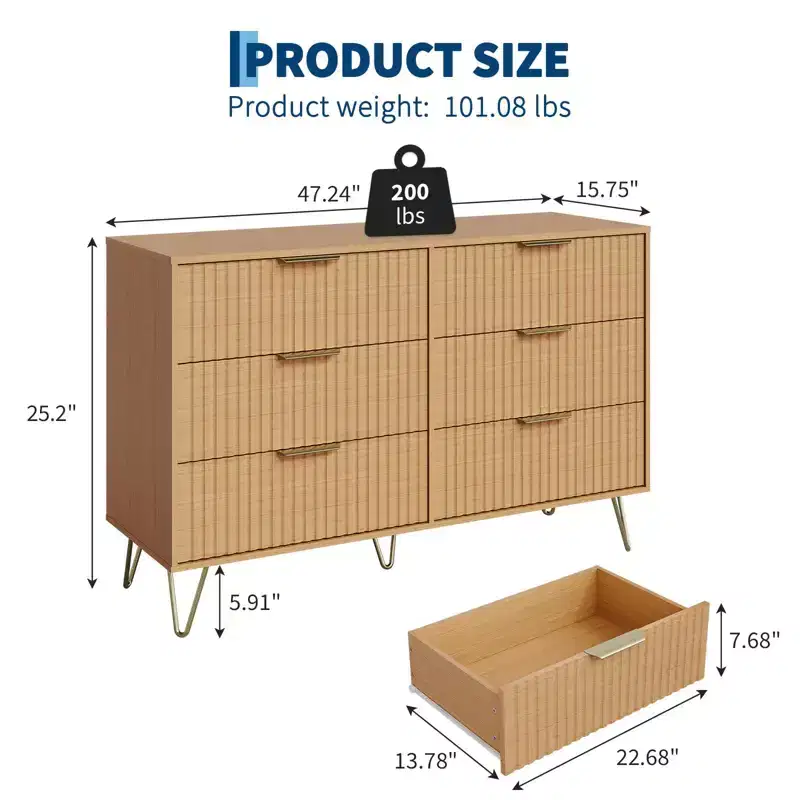 Fluted Dresser for Bedroom with 6 Drawers,Modern Chest of Drawers with Metal Handle,Wooden Dresser TV Stand, Storage Organizer for Living Room