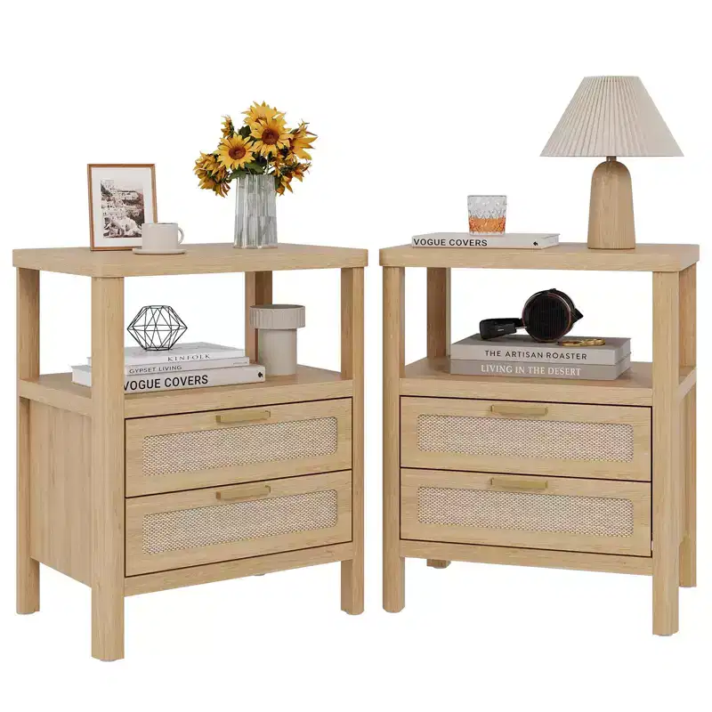 COZONY Nightstand Set of 2, Rattan Bedside Tables with Drawers and Storage Shelf, Narrow Farmhouse Side Tables for Bedroom