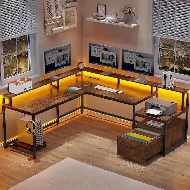 L-Shaped Corner Desk – Brown, RGB LED Strip, File Drawer, Monitor Shelf, Power Outlet, Seats 2
