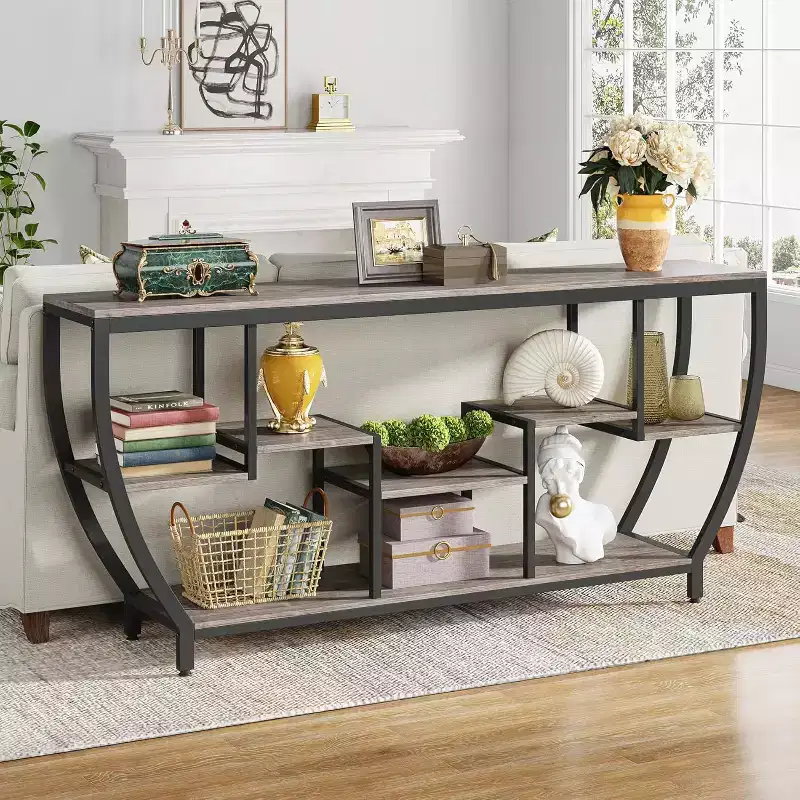 Lantine 70.9-Inch Long Sofa Table with Shelves, Rustic Industrial Console Table and TV Stand for Living Room, Hallway, Foyer, Grey