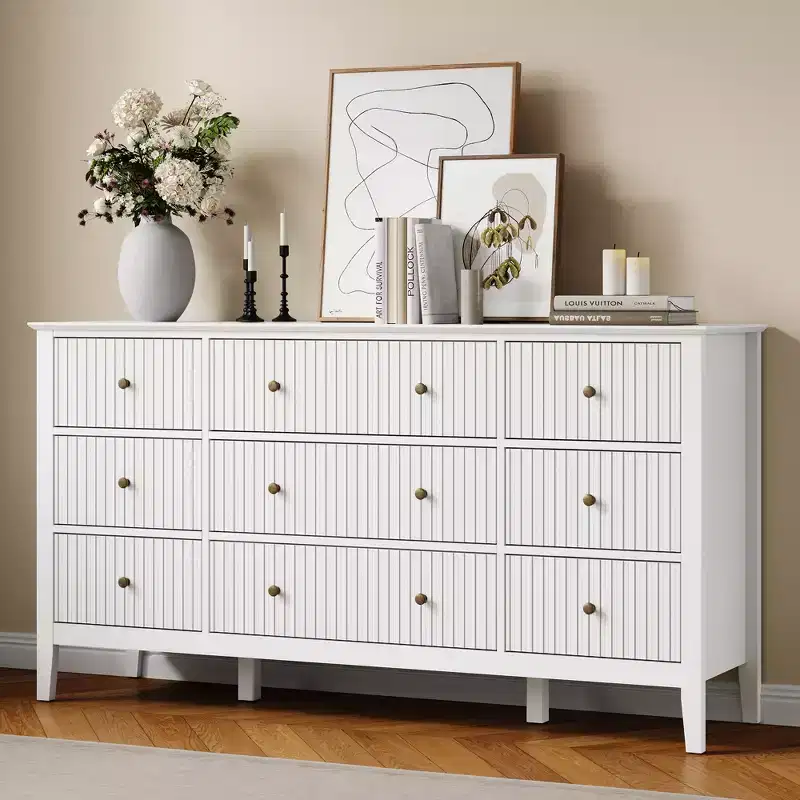 Heynemo Fluted 9 Drawer Dresser, 59 Wide Modern Chest of Drawers with Metal Handle, TV Stand Storage Organizer for Bedroom, Living Room, White