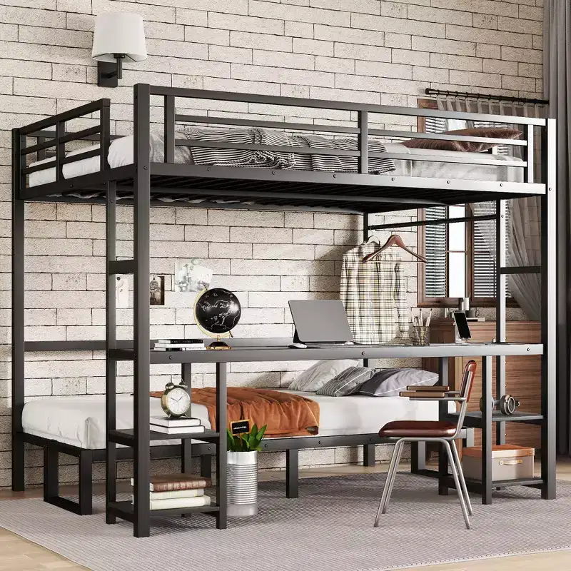 Bellemave Queen Over Twin XL Metal Bunk Bed/Loft Bed with Desk and Shelves,Metal Bunk Bed Frame with LED and USB,Multiple Uses Folds into Sofa, Black