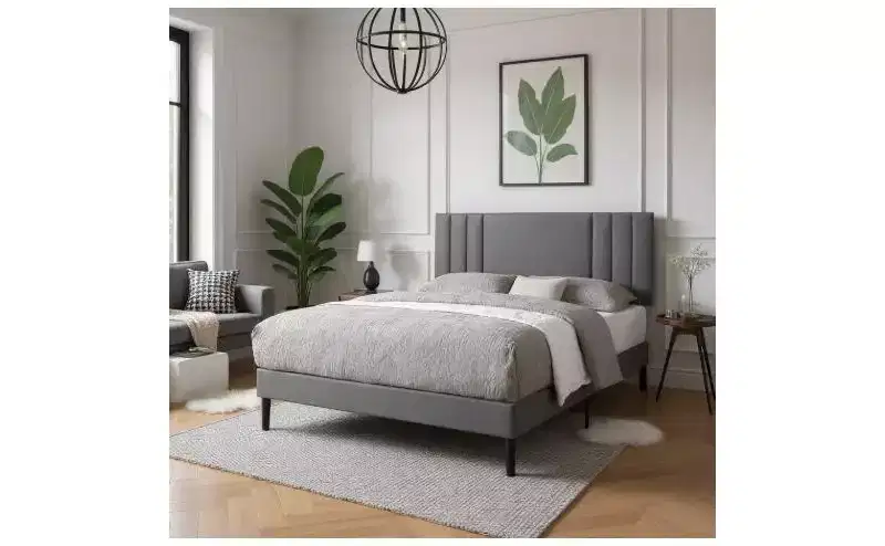 King Size Platform Bed Frame with PU Upholstered Headboard & Wood Slats, No Box Spring