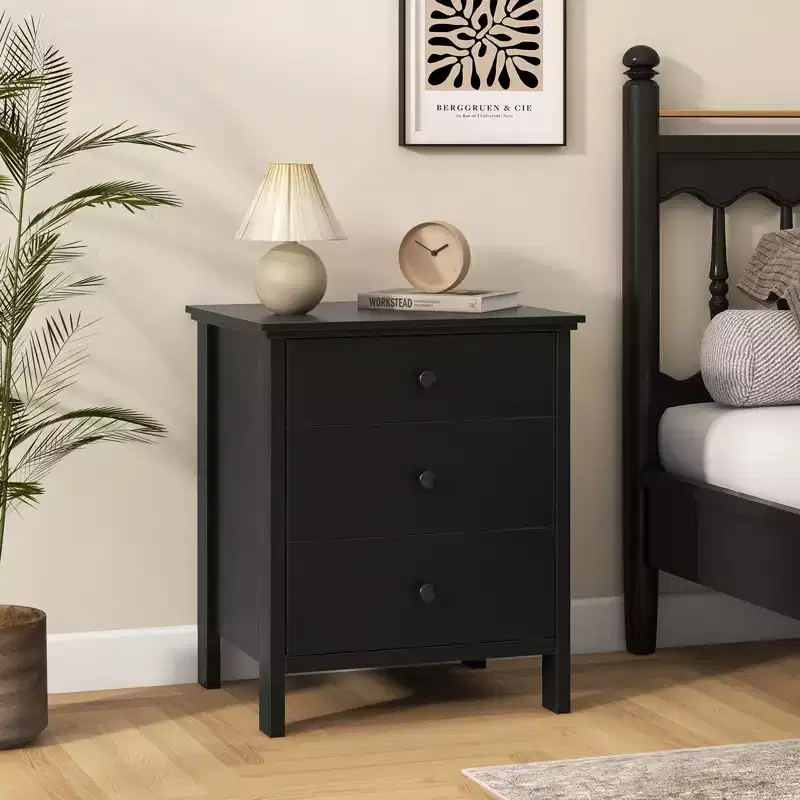 Nightstand Beside End Side Table Accent Table Organizer W/3 Drawers Black