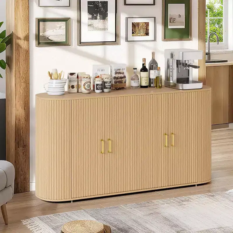 63 Modern Sideboard Buffet Cabinet, Fluted Accent Credenza with Curved Edges & Adjustable Shelves, Storage Console Table for Dining Room, Oak