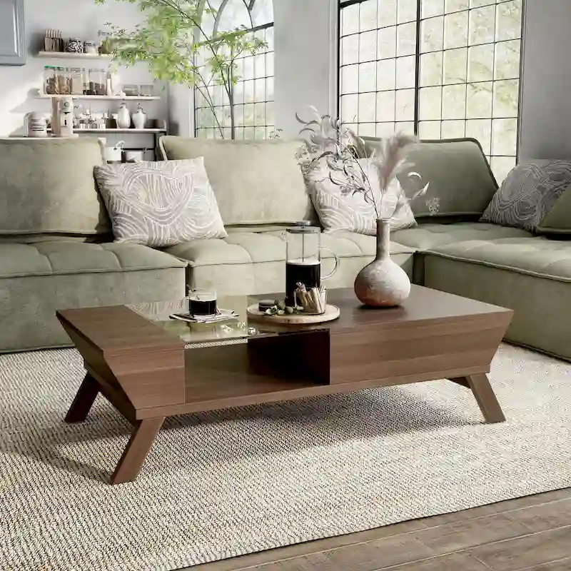Kress Mid-Century Modern Walnut 47-inch Glass Insert 1-Shelf Coffee Table by Furniture of America