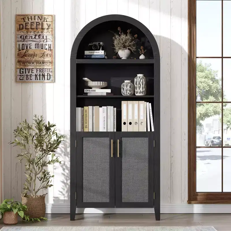 Arched Bookcase with Doors and Rattan Panels, 5 Tier Storage Cabinet with Adjustable Shelf for Living Room or Office