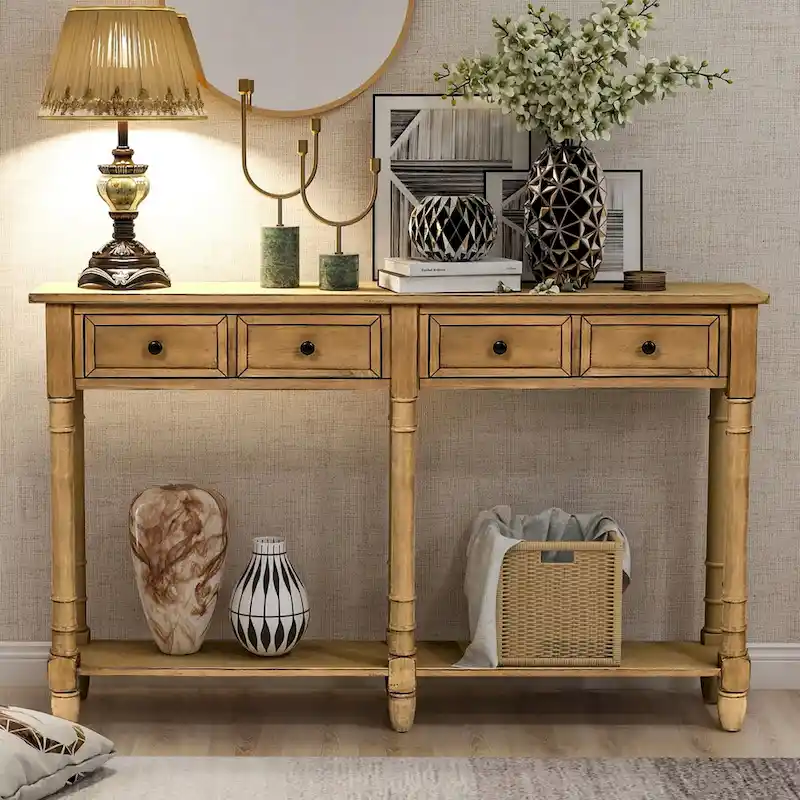 Barn Console Table Sofa Table Easy Assembly with Two Storage Drawers and Bottom Shelf for Living Room, Entryway