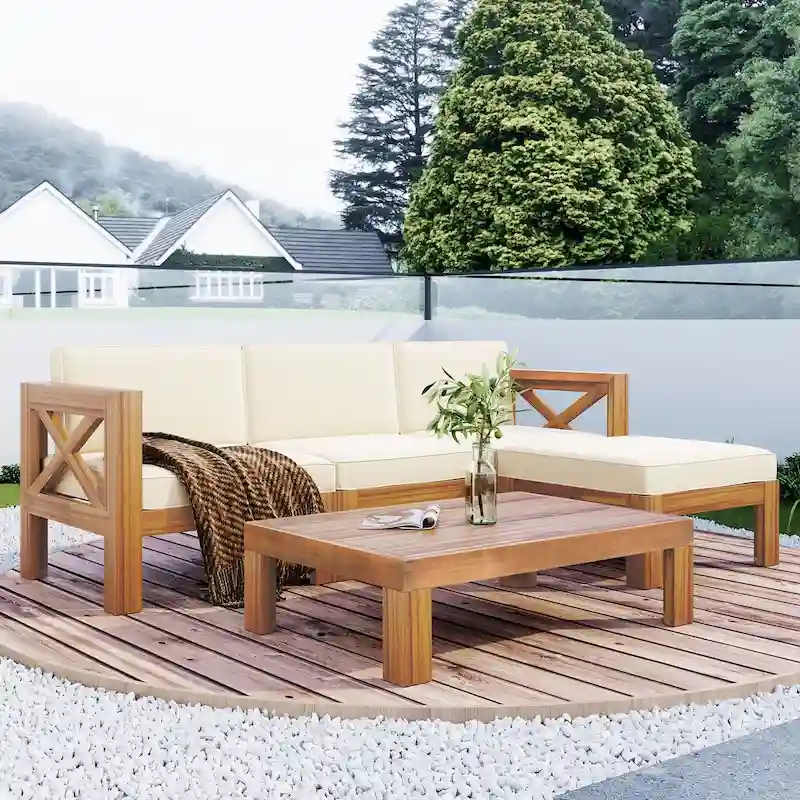 5-Piece Wooden Sectional Sofa Set with Natural Finish and Upgraded Zippered Fabrics - Lockable Panels for Security