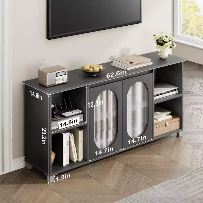62.6 Inch TV Stand with Corrugated Glass Doors, Rustic Entertainment Center for Living Room with 2 Cabinets & 4 Open Shelves - Wood Console