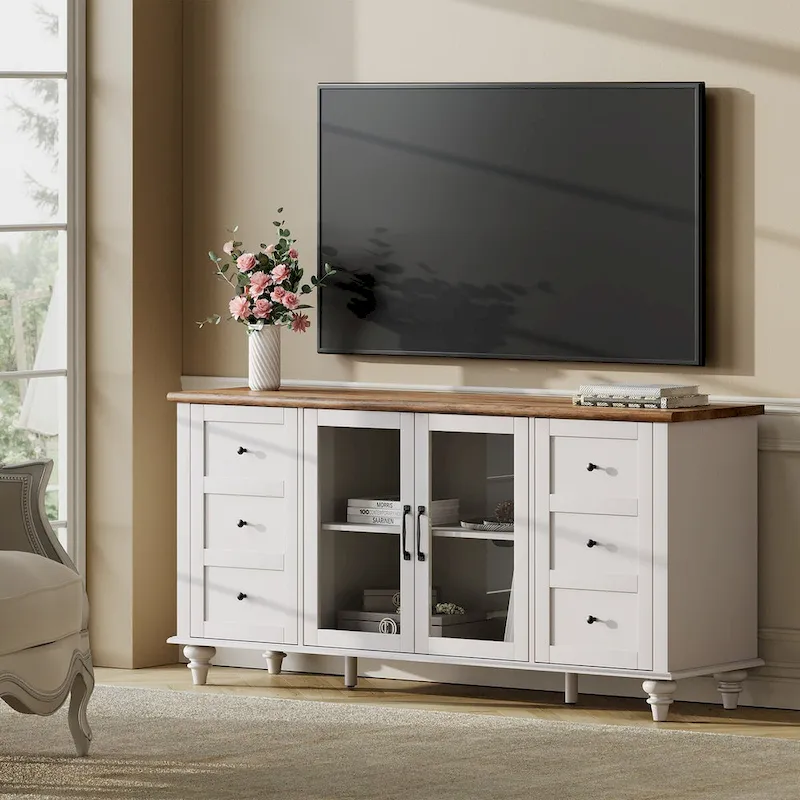 Farmhouse TV Stand with Storage Cabinet, Glass and Wood Entertainment Center Console Table