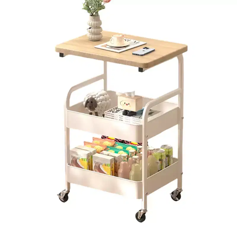 Sturdy 3-Tier Metal Utility Cart with Wooden Tabletop - Lockable Wheels, Multipurpose Storage Shelf for Kitchen Island, Office, Living Room, Bedroom