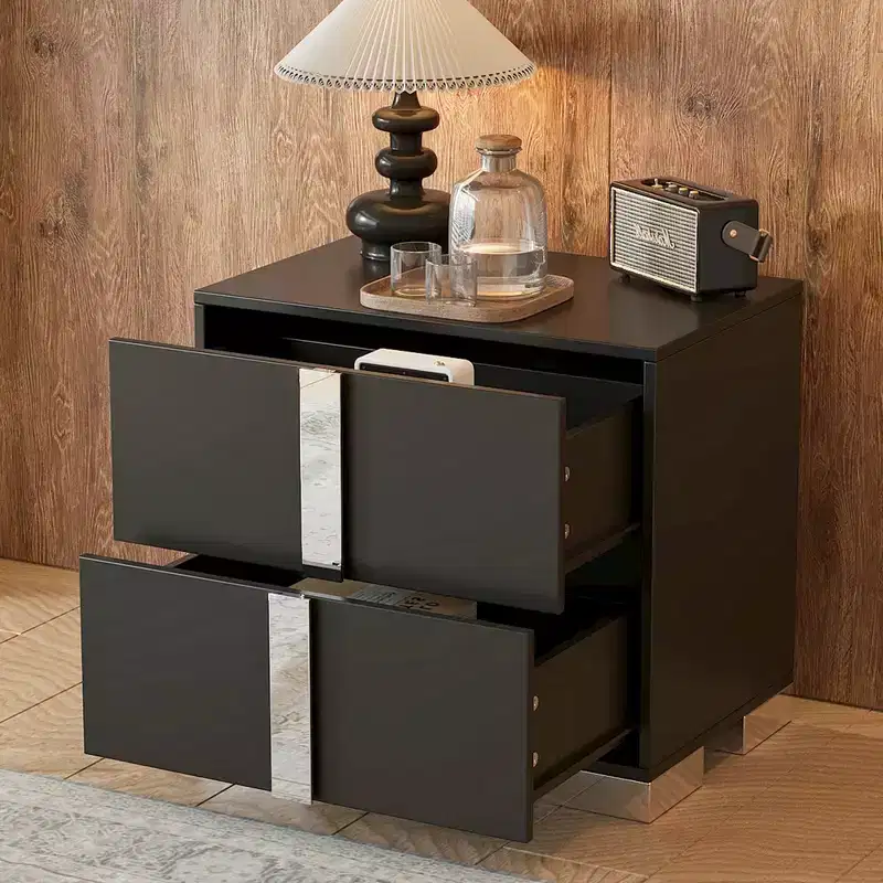 Elegant Mirrored Nightstand with 2 Drawers and Metal Feet