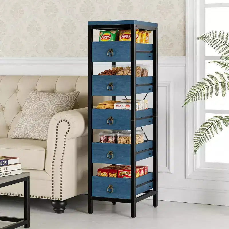 Kitchen Fruit Vegetable Storage Rack, 5-Tier Narrow Snack Fruit Display Stand with 5 Pull-Out Drawers Basket, for Home Office