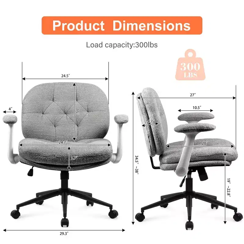 Grey Cross-Leg Flip-Arm Chair: Wide Seat Swivel C Comfy Desk/Vanity for Women, Home/Office Ready