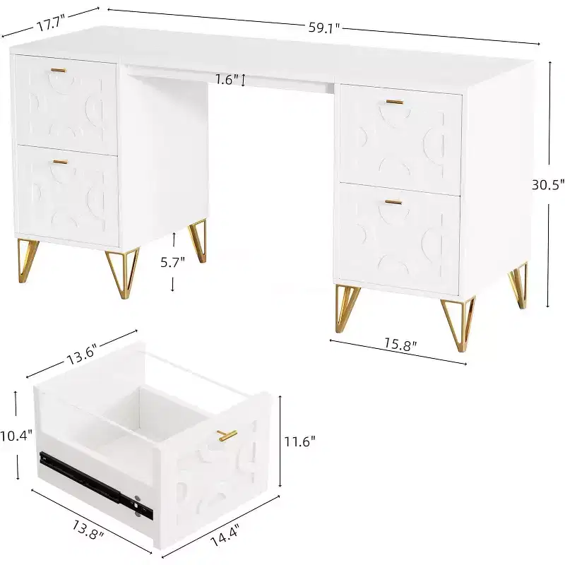 59-Inch White Desk with Drawers, Modern Office Desk Writing Table with Gold Legs and Storage for Bedroom, Workspace, Living Room
