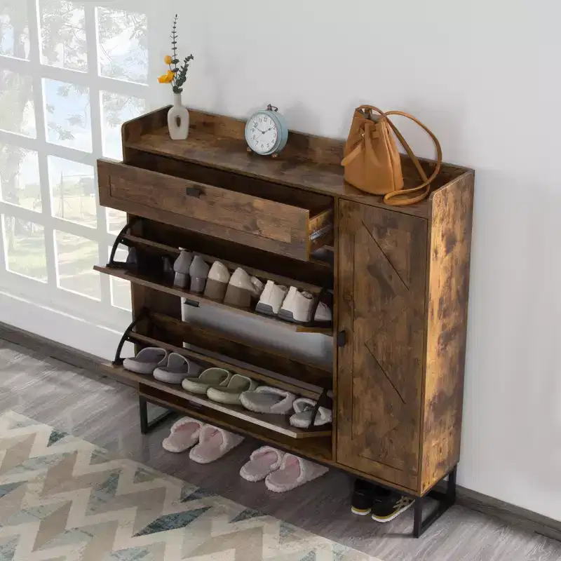 Slim Shoe Cabinet with 2 Flip Drawers & Side Cabinet, Space-Saving Entryway & Closet Organizer