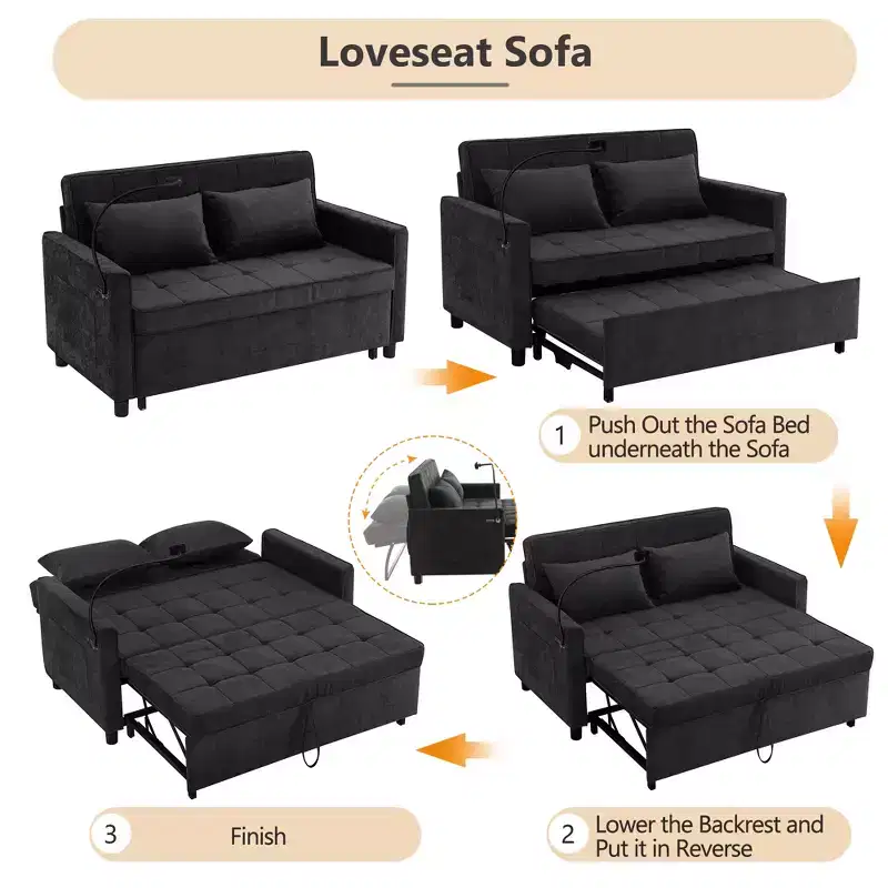 56.9 Convertible Sleeper Sofa Bed, Upholstered Pull Out Sofa with USB and Adjustable Backrest, Foldable Couch Bed for Living Room-Black