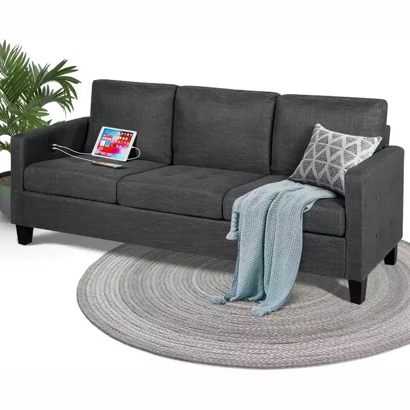 TYBOATLE 72 3-Seater Sofa with USB Ports, Mid-Century Modern Gray Couch for Living Room, Bedroom, Apartment  Comfy & Space-Saving Design