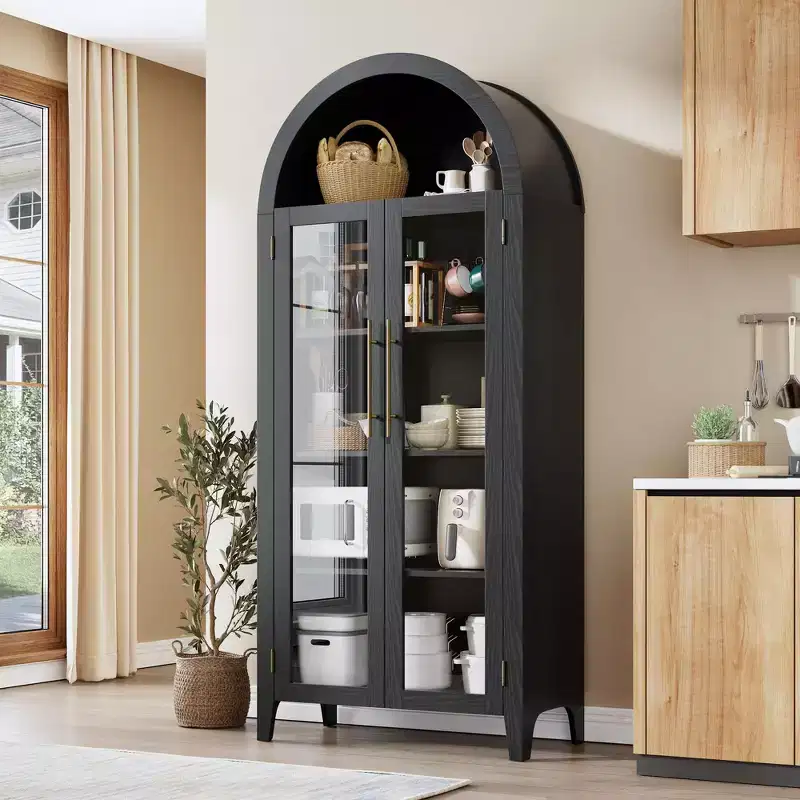 63 Tall Arched Kitchen Pantry Storage Cabinet with Glass Doors,5 Tier Modern Bookshelf w/ Adjustable Shelf,Farmhouse Wooden Storage Cabinet