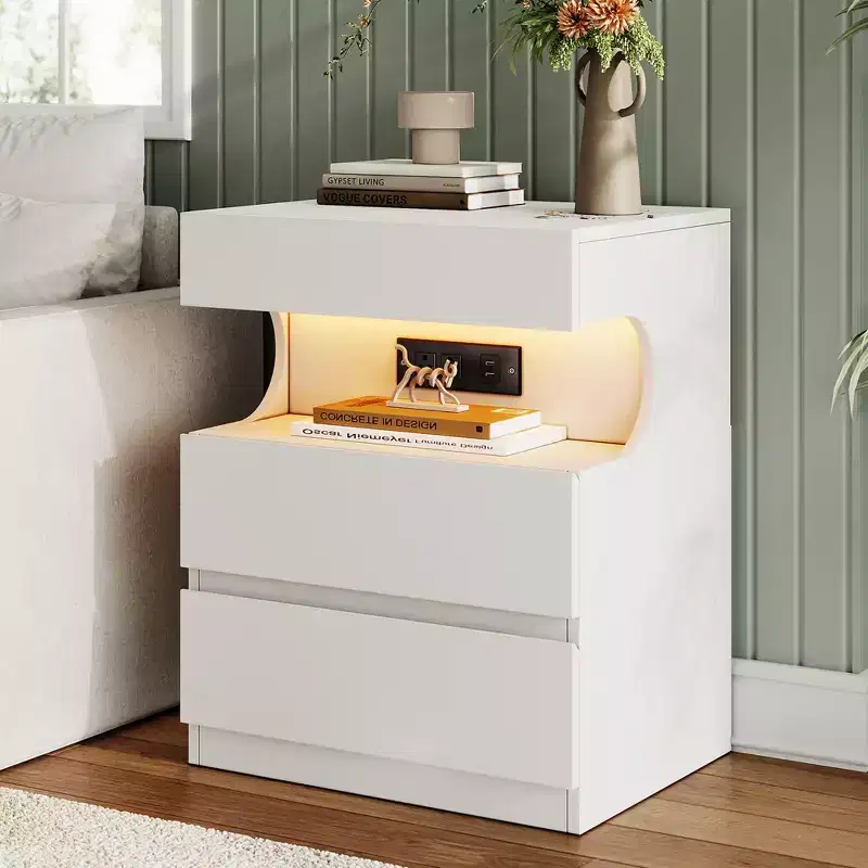 Nightstand with App-Controlled Light, Modern Bedside Table with Charging Station, 3 Drawer End Table, Night Stand for Bedroom
