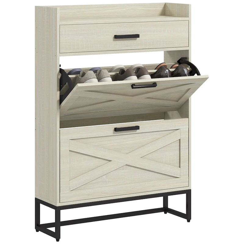 Narrow Shoe Cabinet, with 2 Flip Drawers, Adjustable Shelves and Top Drawer, Hidden Shoe Storage for 12 Pairs of Shoes