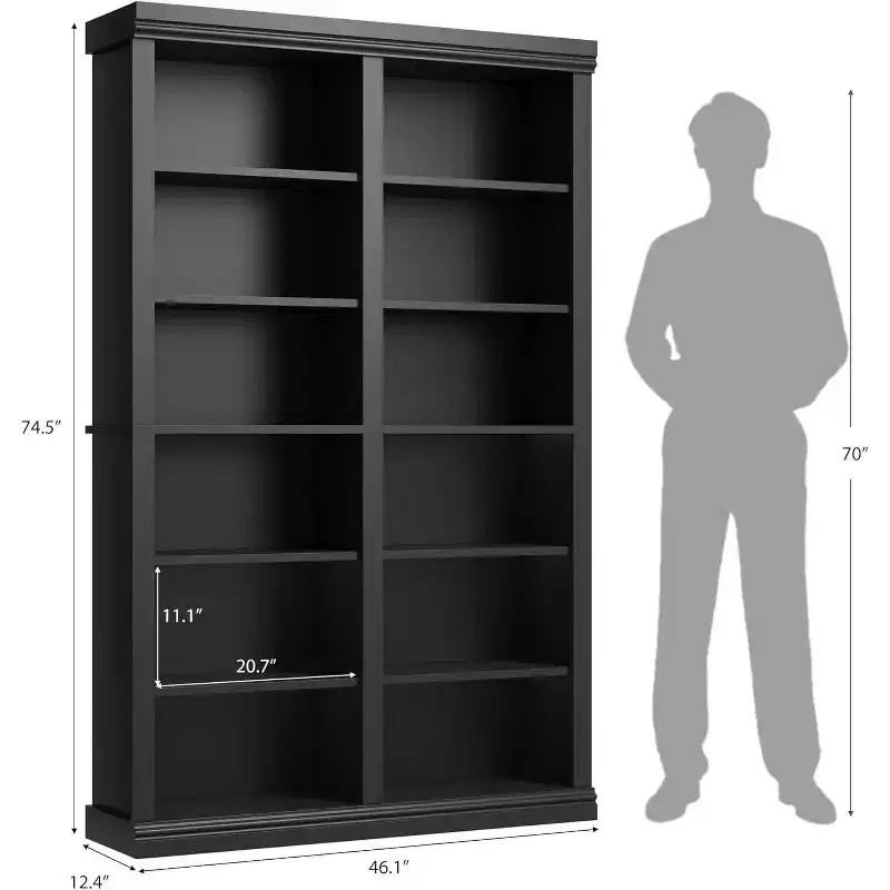 Acekool Bookcase 74.5 in Tall, 6-Tier Double Wide with 12 Cubbies, Extra Large Storage for Living Room Office Library, 46.1 W x 12.4 D