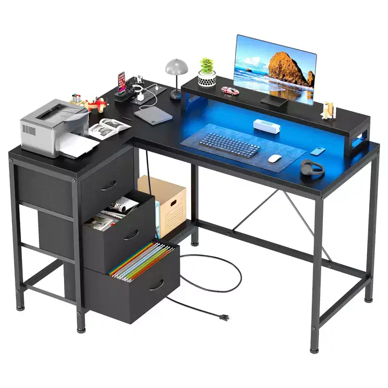 CuisinSmart 43In L Shaped Computer Desk, 3-Drawer Gaming Desk with Storage Shelves and Monitor Stand, Reversible Home Office Desk