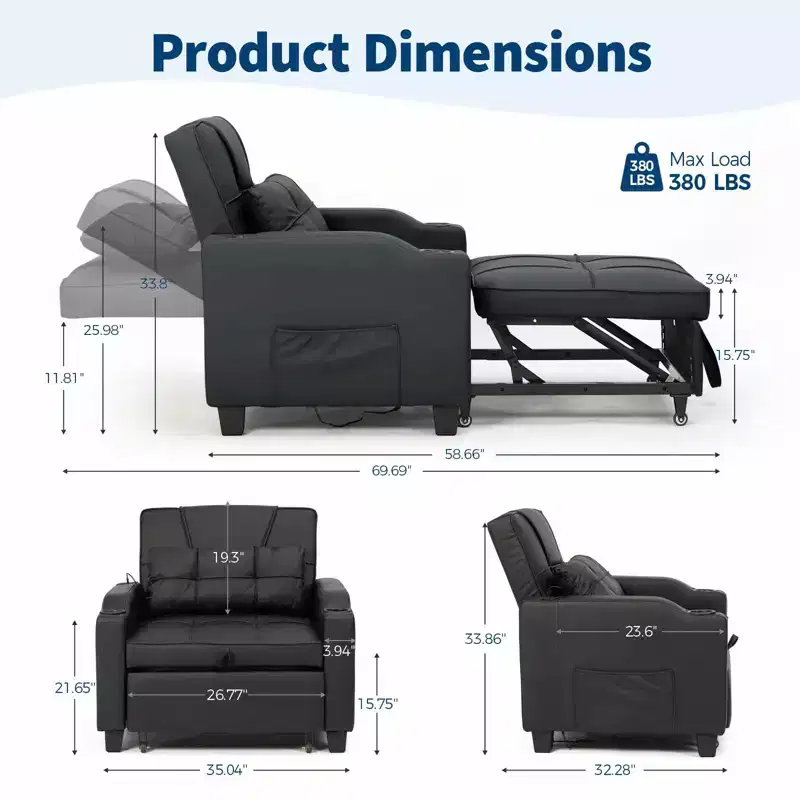 3-in-1 USB-Massage Convertible Sofa Bed, 110-180° Recliner, Cup Holders, Side Pockets, 380 lbs Capacity