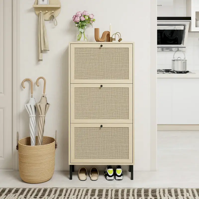 Rattan 3 Door Shoe Rack, Freestanding Modern Shoe Storage Cabinet